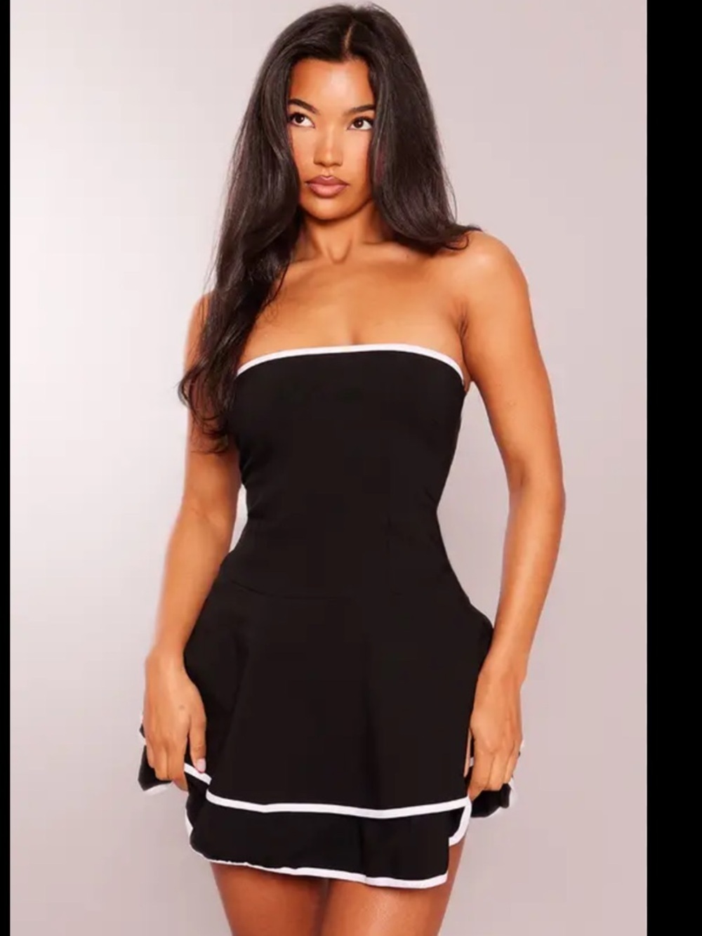PrettyLittleThing Black Strapless Mini Dress with White Piping